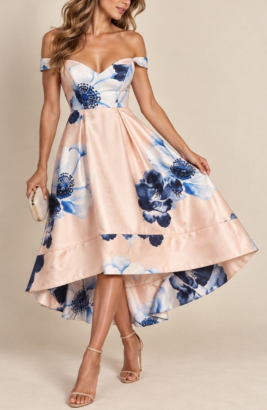 Women's Floral Off Shoulder Satin Midi Dress Size 10 Pink Wedding Guest Cocktail